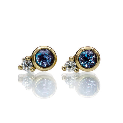 Alexandrite Bezel Set 14k Gold Stud Earrings With Lab Diamond Accent 14k Yellow Gold Earrings by Nodeform