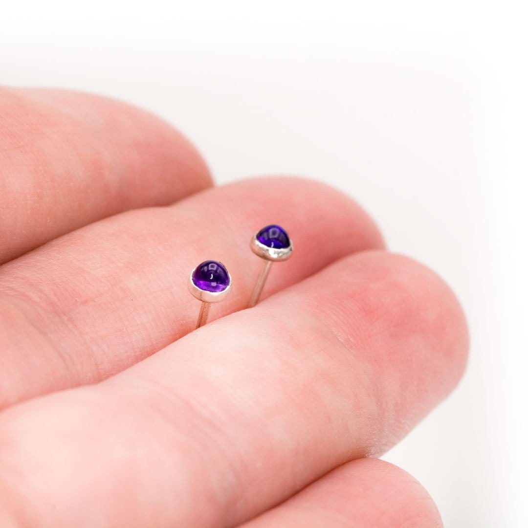 Tiny Purple Amethyst Cabochon Stud Earrings in Sterling Silver, Ready to Ship Earrings by Nodeform