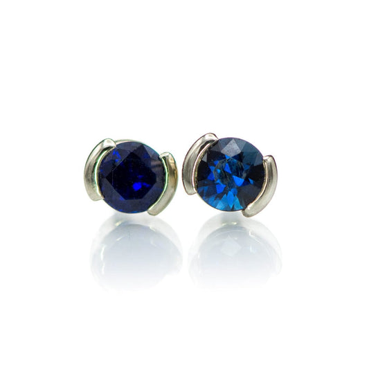 3mm Blue Sapphire 14k White Gold Half Bezel Stud Earrings, Ready to Ship Earrings by Nodeform