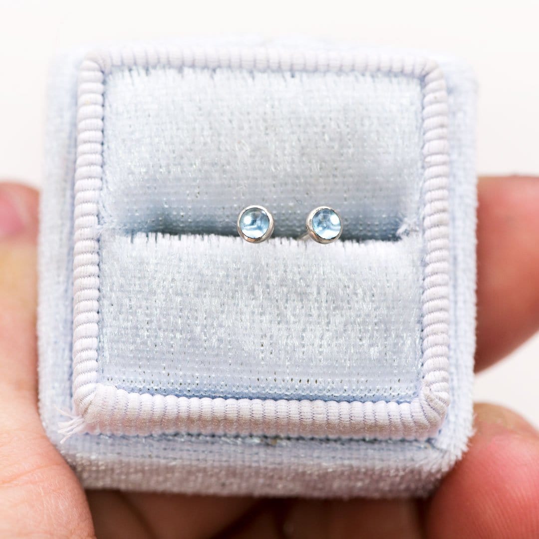 Tiny Blue Topaz Cabochon Stud Earrings in Sterling Silver, Ready to Ship Earrings by Nodeform