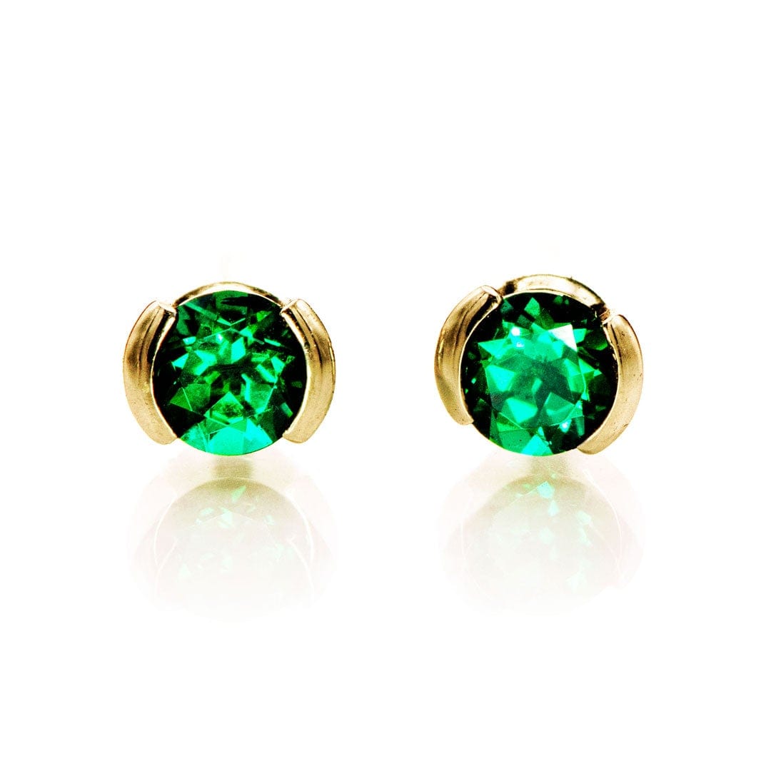 3mm Round Lab Emerald Half Bezel Stud Earrings 14k Yellow Gold Earrings by Nodeform
