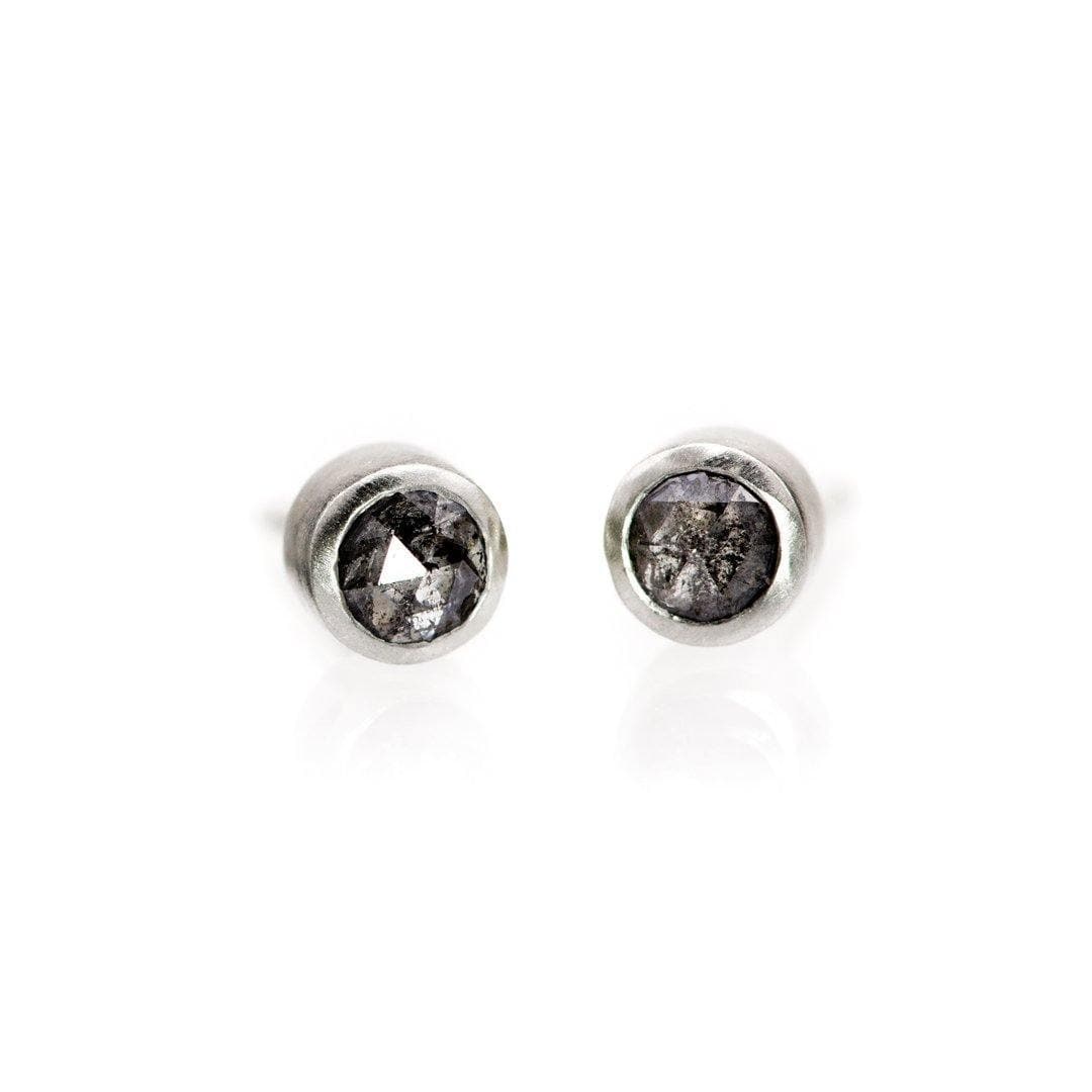 3mm Salt & Pepper Rose Cut Diamond Simple Bezel Set Gold Stud Earrings 14k X1 WhiteGold Earrings by Nodeform