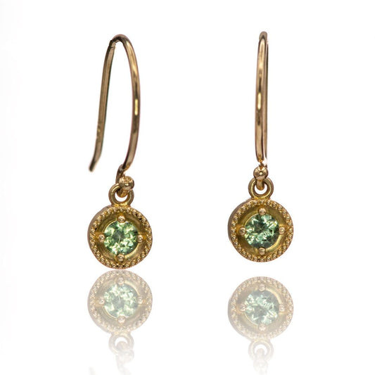 Green Montana Sapphire Milgrain Dangle 14k Gold Earrings 14k Yellow Gold Earrings by Nodeform