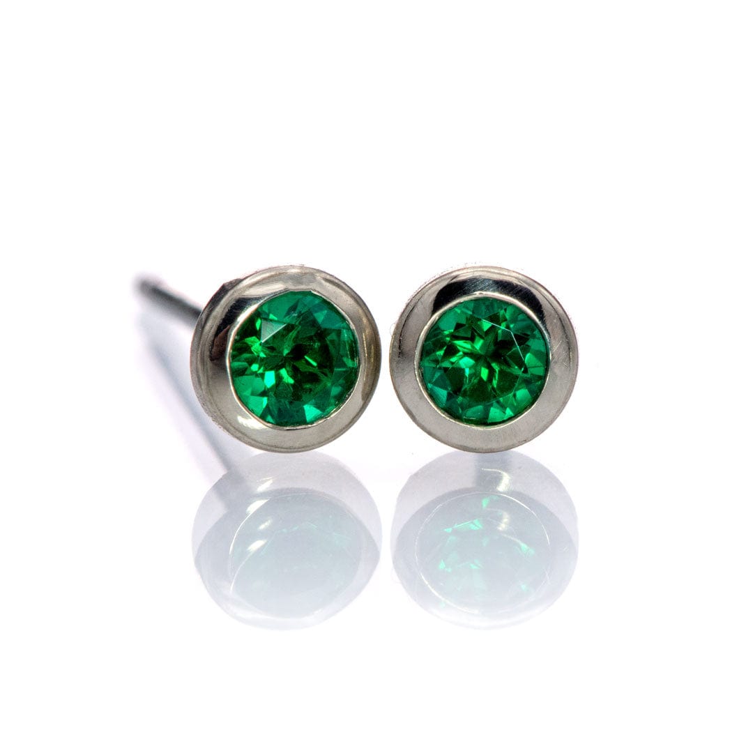 3mm Round Lab Emerald Martini Bezel 14k White Gold Stud Earrings, Ready to Ship 14k White Gold Earrings by Nodeform