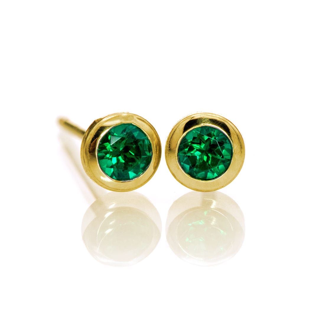 3mm Round Lab Emerald Martini Bezel Stud Earrings 14k Yellow Gold Earrings by Nodeform