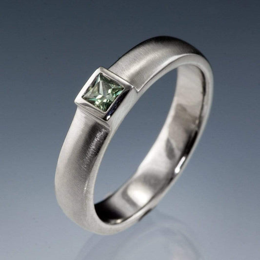 Princess Cut Light Green Sapphire Low Bezel Wedding or Solitaire Engagement Ring 14kPD White Gold Ring by Nodeform