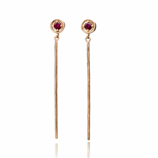 Round Prong Set Ruby 14k Rose Gold Long Dangle Earrings Earrings by Nodeform