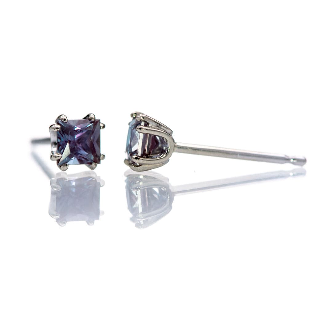 3mm Princess Cut Alexandrite 14k White Gold Double Prong Stud Earrings,  Ready To Ship