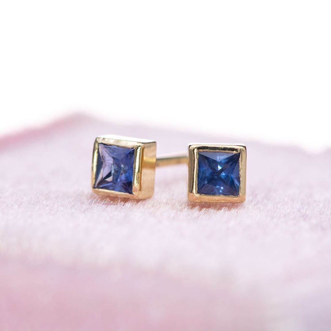 3mm Square Princess blue Sapphire 14k Yellow Gold Bezel Stud Earrings, Ready to Ship Earrings by Nodeform