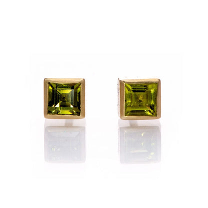 3mm Square Green Sapphire 14k Yellow Gold Bezel Stud Earrings, Ready to Ship Earrings by Nodeform