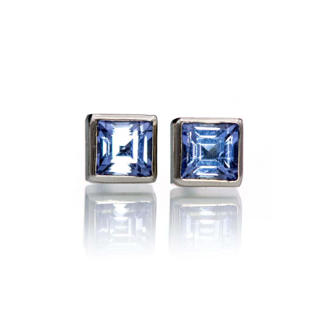 3mm Square Light blue Sapphire 14k White Gold Bezel Stud Earrings, Ready to Ship Earrings by Nodeform