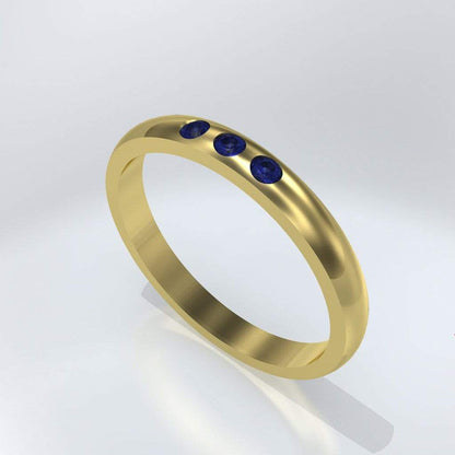Narrow 3 Blue Sapphires Domed Wedding Ring, Contoured or Straight Band 14k Yellow Gold / 2.5mm / Straight Band Ring by Nodeform