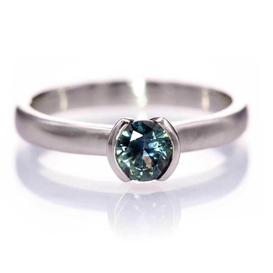 Fair Trade Teal / Blue Montana Sapphire Tulip Half Bezel Solitaire Engagement Ring 4.5mm/~0.43ct Teal Blue/Green Sapphire / 14k Nickel White Gold (Not Rhodium Plated) Ring by Nodeform