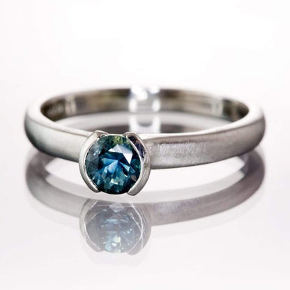 Fair Trade Teal / Blue Montana Sapphire Tulip Half Bezel Solitaire Engagement Ring 4.5mm/~0.43ct Teal Blue/Green Sapphire / Platinum Ring by Nodeform