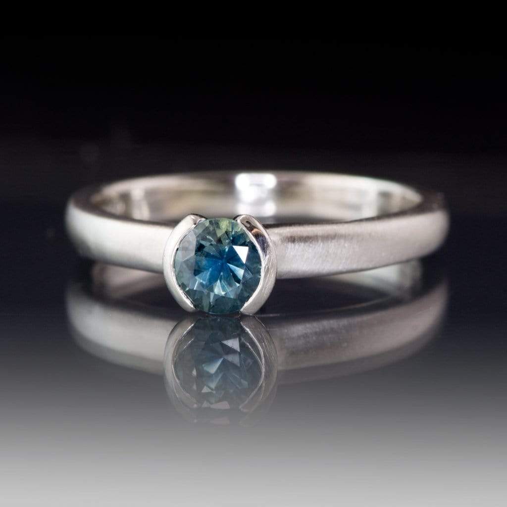 Fair Trade Teal / Blue Montana Sapphire Tulip Half Bezel Solitaire Engagement Ring 4.5mm/~0.43ct Teal Blue/Green Sapphire / 14kPD White Gold Ring by Nodeform