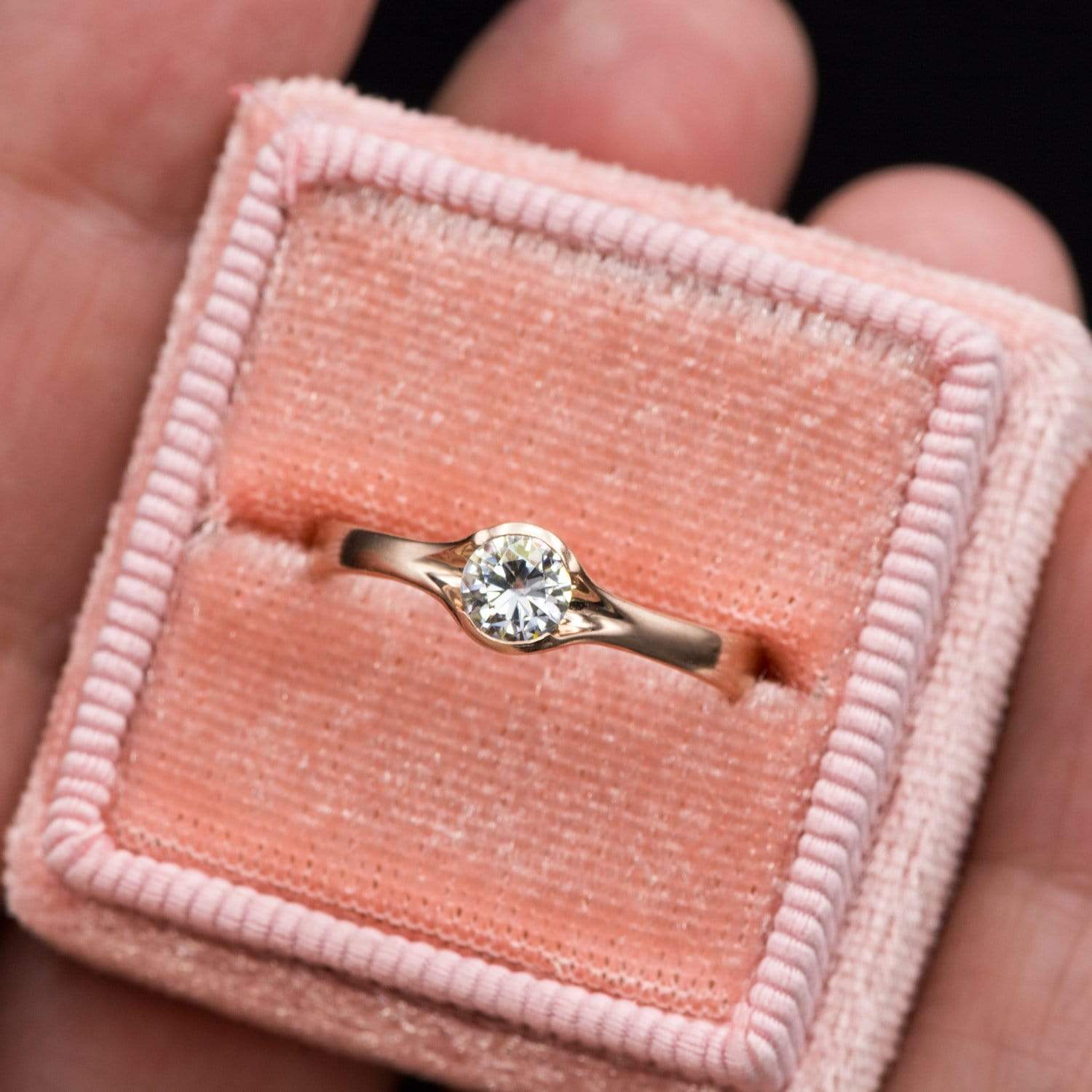 Round Light Gray Moissanite Half Bezel Fold Solitaire Rose Gold Engagement Ring, Ready to Ship 14k Rose Gold Ring Ready To Ship by Nodeform