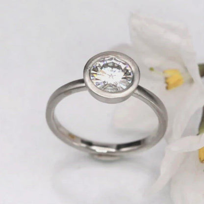 Minimal Mixed Metal Round Moissanite Wide Bezel Solitaire Engagement Ring