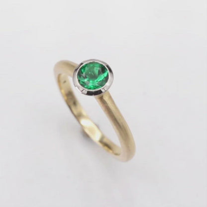 Chatham Emerald Palladium and 14k Gold Mixed Metal Solitaire Engagement Ring, Ready to size 4 - 7