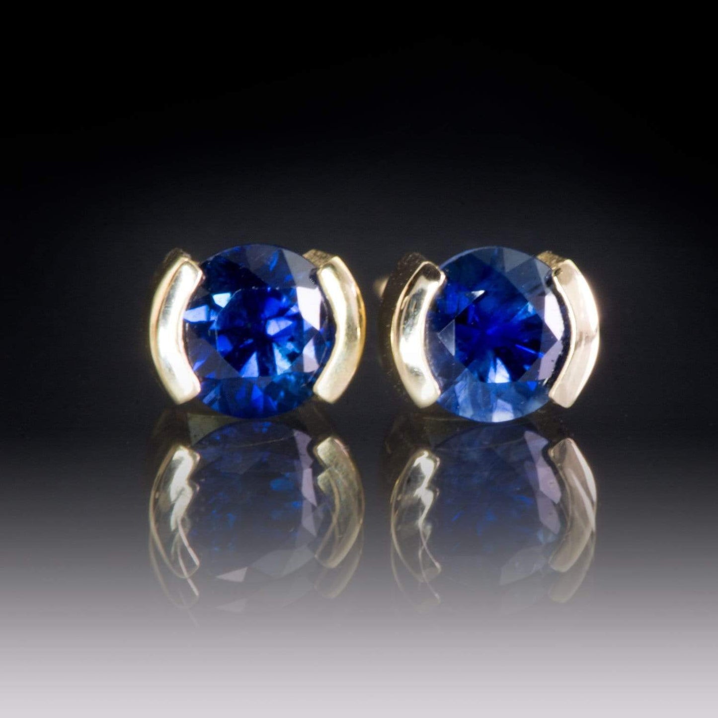 Blue Sapphire 14k Gold Half Bezel Stud Earrings 14k Yellow Gold / 4mm Blue Sapphire Earrings by Nodeform