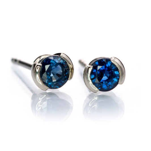 Blue Sapphire 14k Gold Half Bezel Stud Earrings 14k White gold (contains nickle) / 4mm Blue Sapphire Earrings by Nodeform