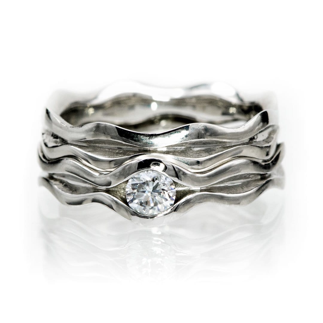 Wave Diamond Engagement Ring Bridal Set 18kPD White Gold / 0.25ct/4mm Diamond G-H/SI Ring by Nodeform