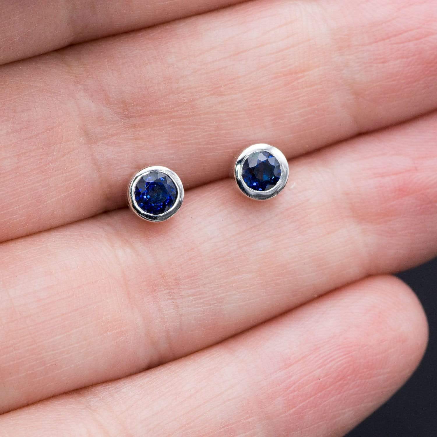 Simple Blue Sapphire Bezel Set Stud Earrings Earrings by Nodeform