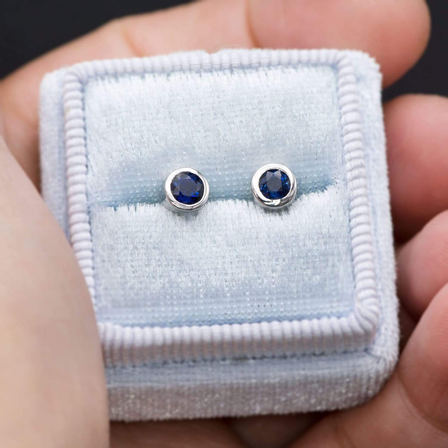 Ethical Sustainable Simple Blue Sapphire Bezel Set Stud Earrings 14K White Gold / 4mm Lab Created Sapphires