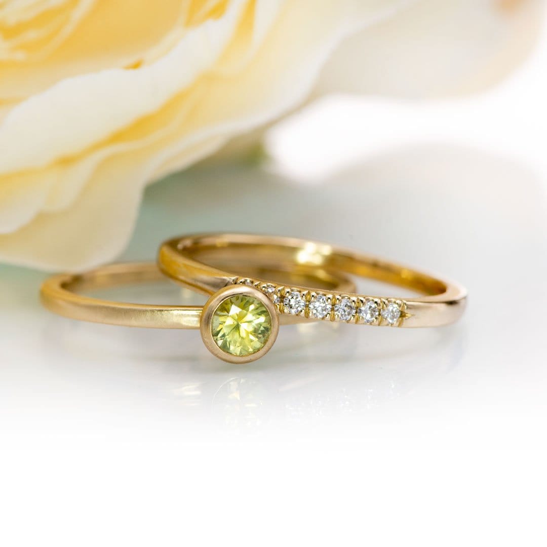 4mm Green Montana Sapphire Martini Bezel Skinny 14k yellow gold Stacking Solitaire Ring, Ready To Ship, size 4-9 Ring Ready To Ship by Nodeform