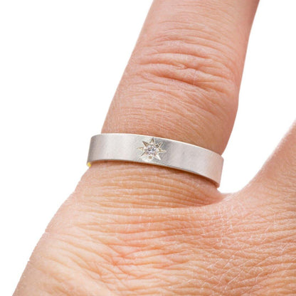 Flat Wedding Band with Star Set Moissanite Ring by Nodeform