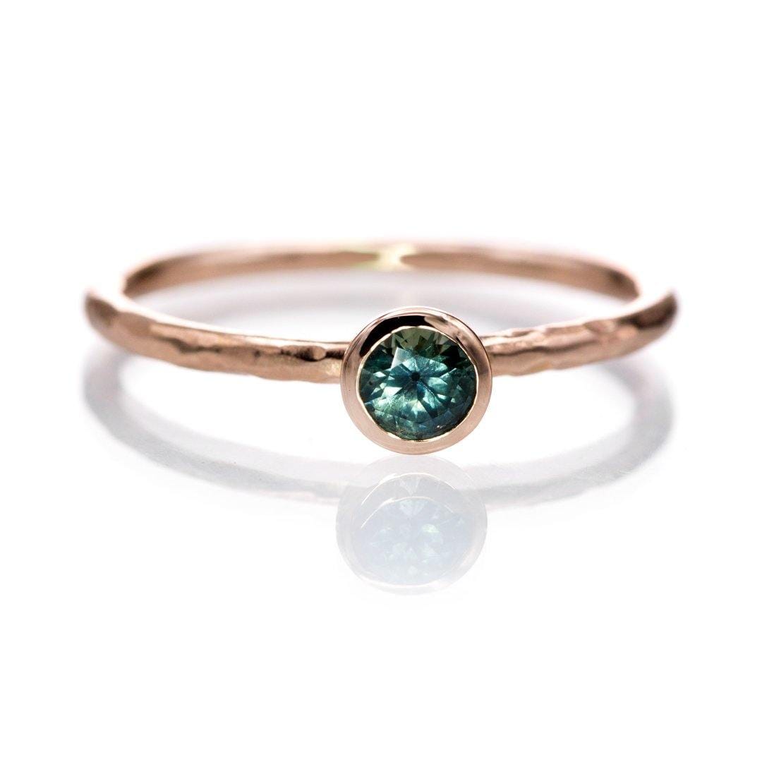 4mm Teal Green/Blue Montana Sapphire Martini Bezel Skinny Hammer Textured 14k rose gold Stacking Solitaire Ring, Ready To Ship, size 4-9 14k Rose Gold by Nodeform