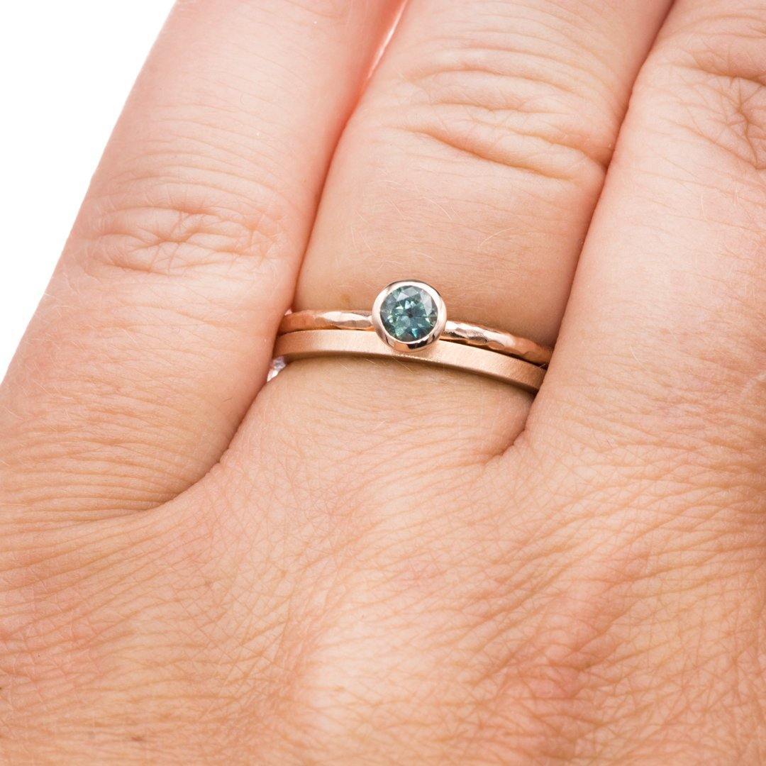 4mm Teal Green/Blue Montana Sapphire Martini Bezel Skinny Hammer Textured 14k rose gold Stacking Solitaire Ring, Ready To Ship, size 4-9 14k Rose Gold by Nodeform