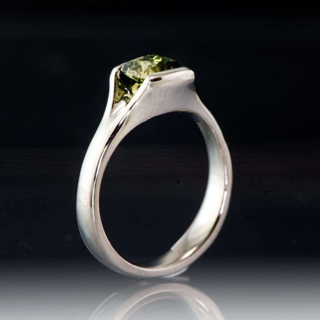 Cushion Cut Australian Green Sapphire Fold Half-Bezel Solitaire Engagement Ring Ring by Nodeform