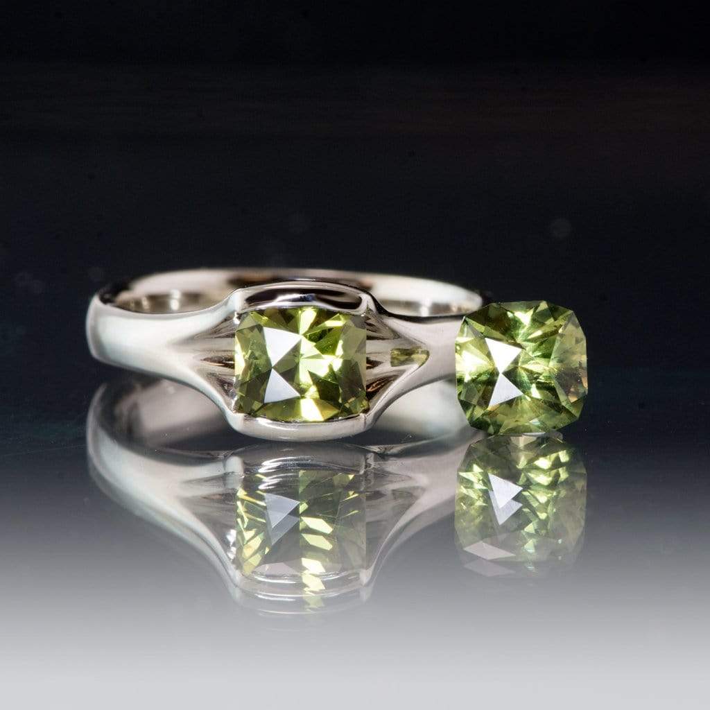 Cushion Cut Australian Green Sapphire Fold Half-Bezel Solitaire Engagement Ring 18k PD white gold Ring by Nodeform