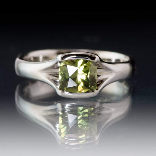 Cushion Cut Australian Green Sapphire Fold Half-Bezel Solitaire Engagement Ring Ring by Nodeform