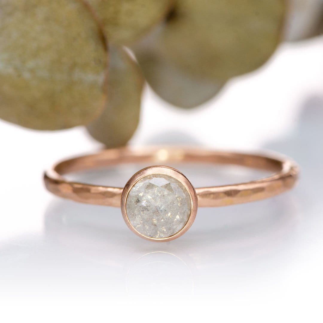 Gray Diamond Martini Bezel Skinny Hammer Textured 14k Rose Gold Stacking Solitaire Ring, Ready To Ship, size 4-9 Ring Ready To Ship by Nodeform