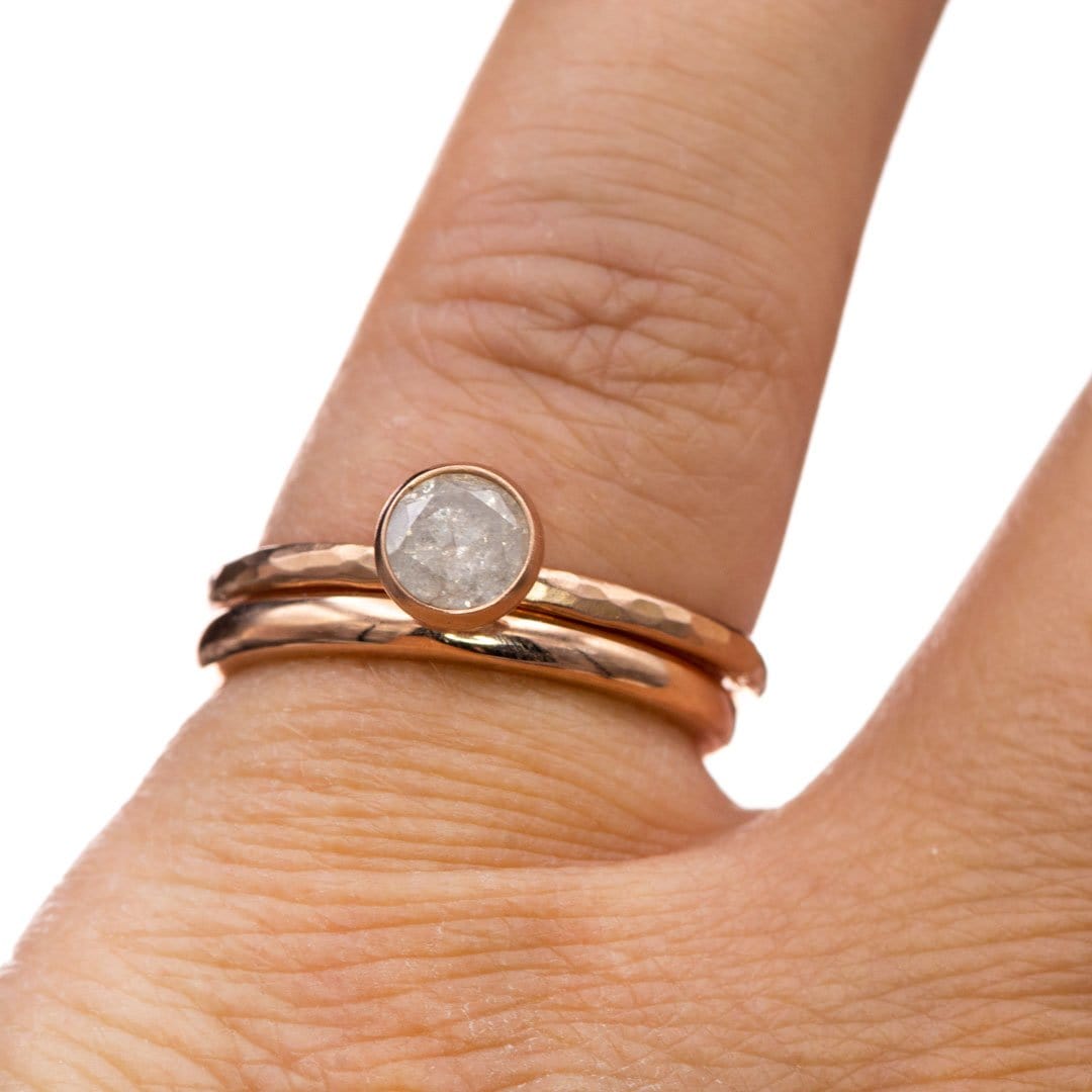 Gray Diamond Martini Bezel Skinny Hammer Textured 14k Rose Gold Stacking Solitaire Ring, Ready To Ship, size 4-9 Ring Ready To Ship by Nodeform