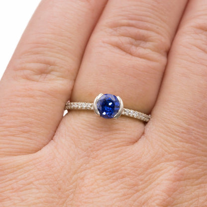 Blue Lab-Grown Sapphire Half Bezel Diamond Pave Engagement Ring Ring by Nodeform