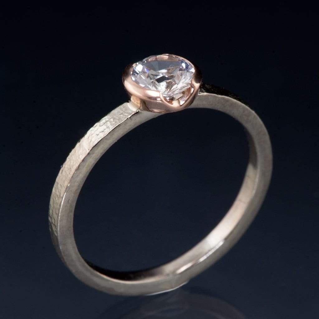 White Sapphire Rose Gold Semi-Bezel Textured Solitaire Engagement Ring Ring by Nodeform