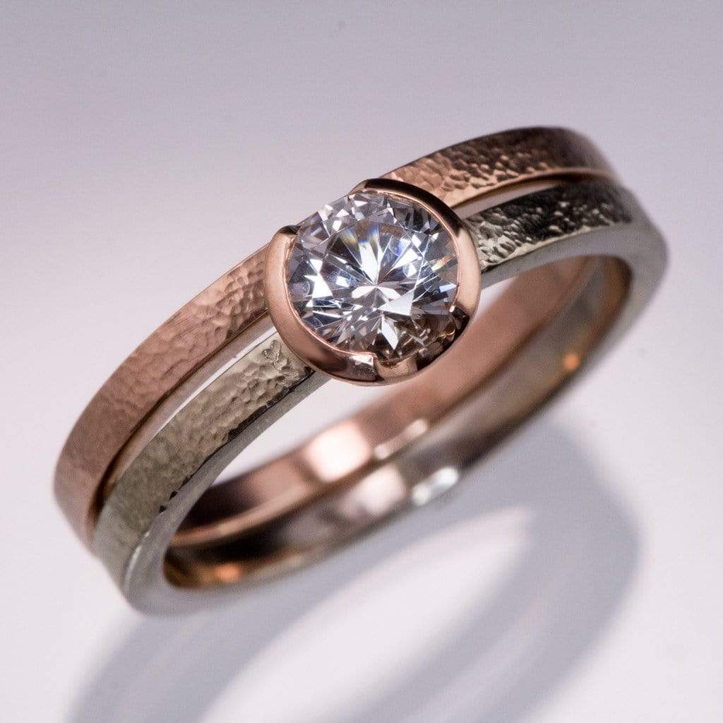 White Sapphire Rose Gold Semi-Bezel Textured Engagement Ringand Wedding Band Bridal set 4mm/0.3ct White Sapphire / 14k White Gold Ring by Nodeform