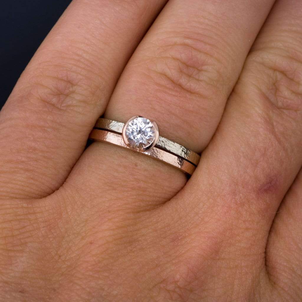 White Sapphire Rose Gold Semi-Bezel Textured Engagement Ringand Wedding Band Bridal set Ring by Nodeform