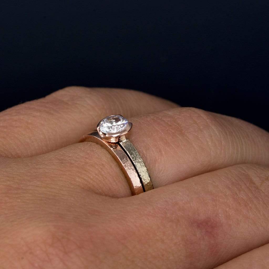 White Sapphire Rose Gold Semi-Bezel Textured Engagement Ringand Wedding Band Bridal set Ring by Nodeform
