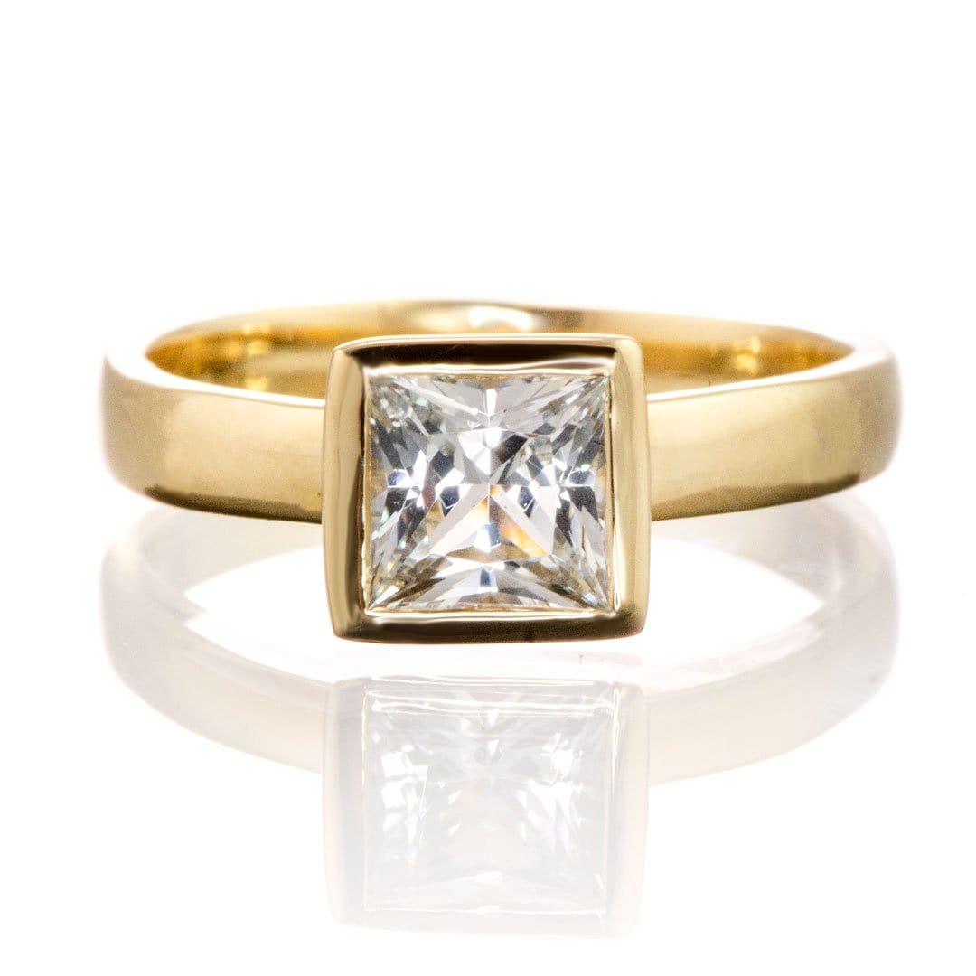 Princess Cut White Sapphire Bezel Solitaire Engagement Ring 5.5mm / 14k Yellow Gold Ring by Nodeform