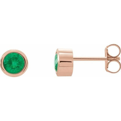 4mm Round Lab Emerald Bezel Stud Earrings 14k Rose Gold Earrings by Nodeform