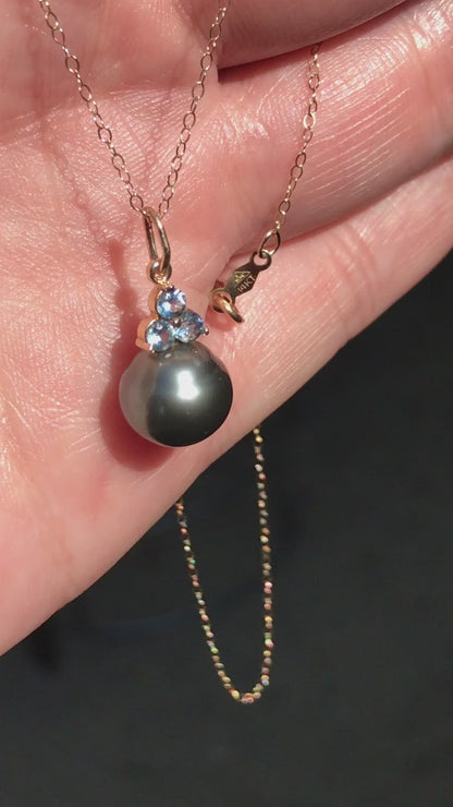Tahitian Pearl & Blue Sapphire Dangle Pendant 14k Yellow Gold Necklace, Ready to Ship