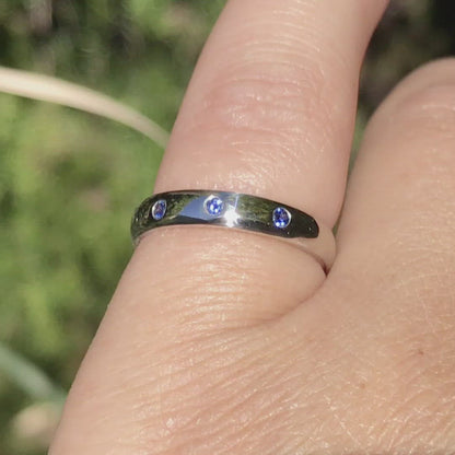 Narrow 3 Blue Sapphires Domed Wedding Ring, Contoured or Straight Band