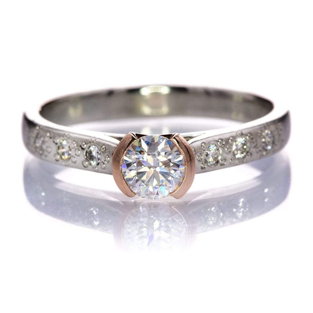 Moissanite Rose Gold Half Bezel Mixed Metal Diamond Star Dust Engagement Ring 5mm Near-Colorless F1 Moissanite (GHI Color) / 14k Nickel White Gold Ring by Nodeform