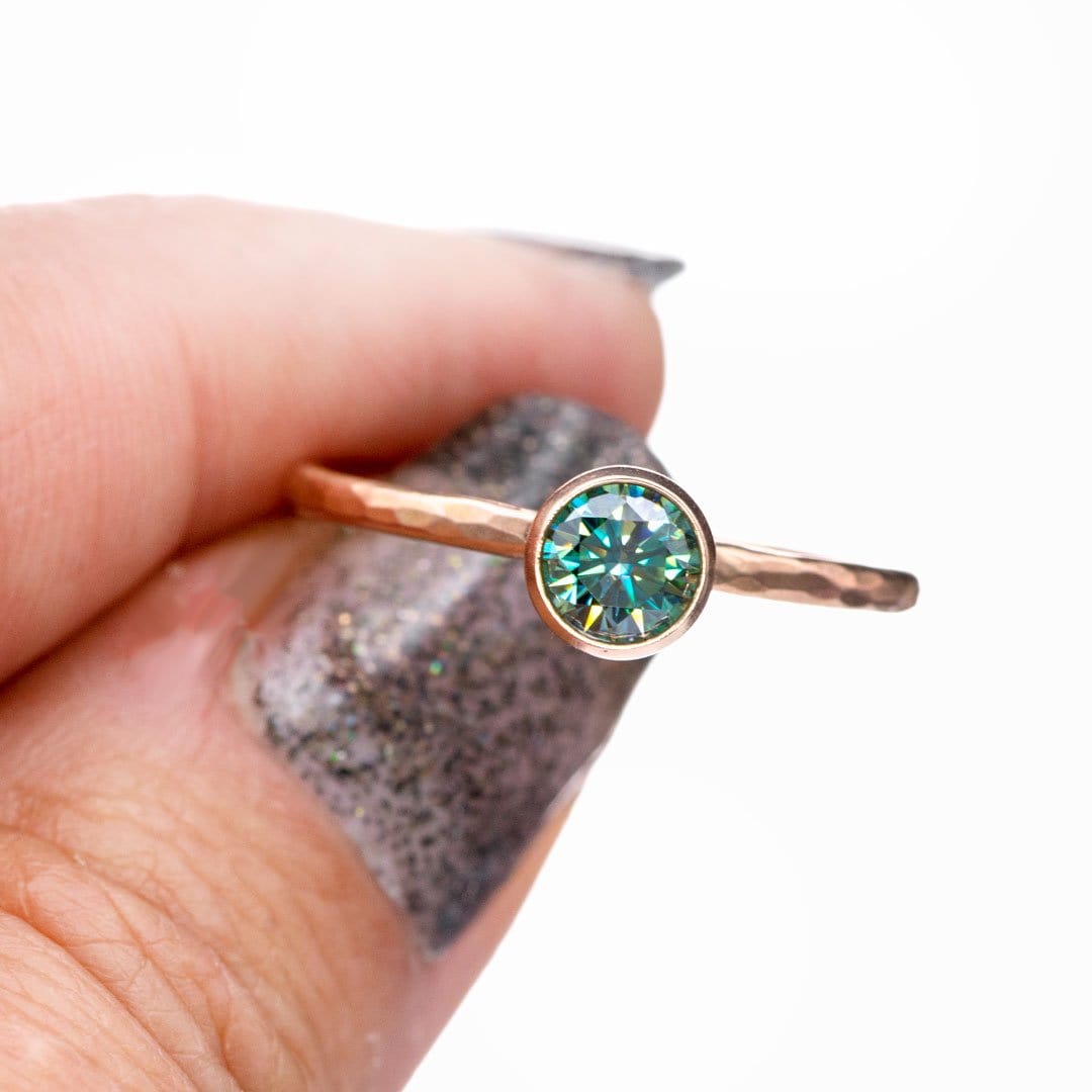 Round Teal Moissanite Martini Bezel Skinny Hammer Textured Stacking Solitaire Ring Ring by Nodeform