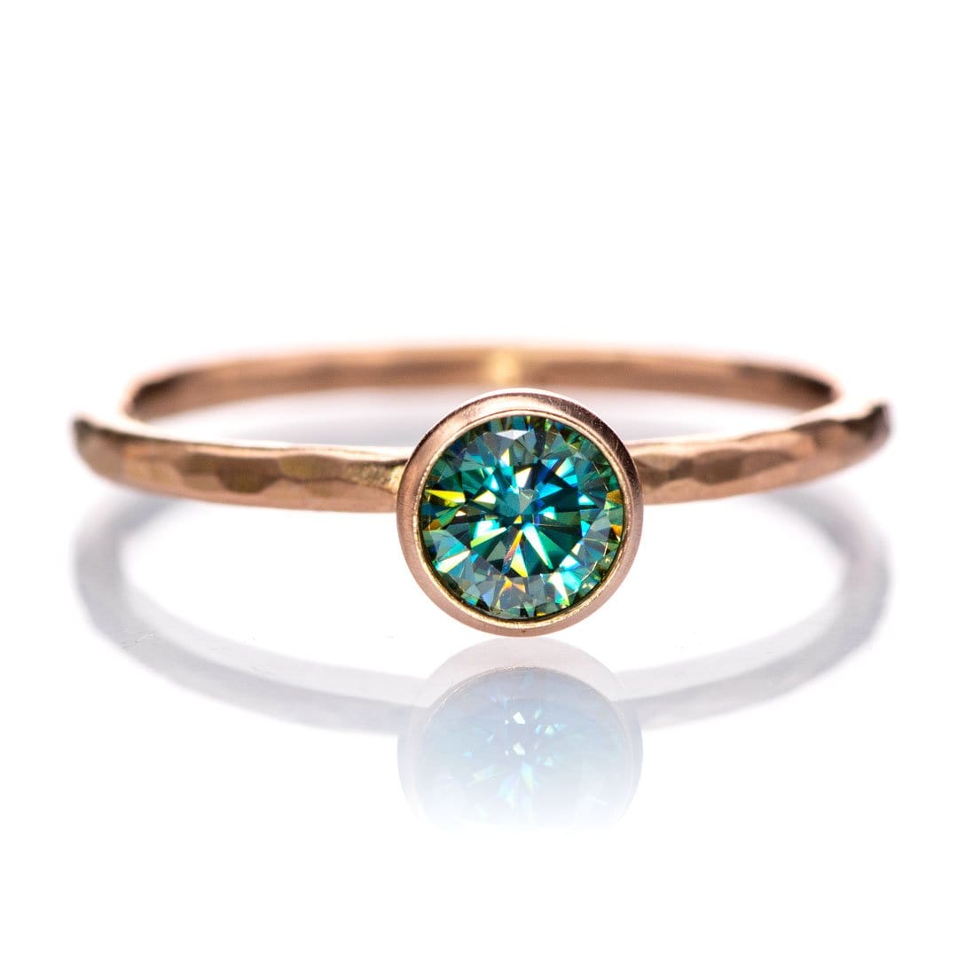 Round Teal Moissanite Martini Bezel Skinny Hammer Textured Stacking Solitaire Ring 14k Rose Gold / 5mm/ 0.45ct Teal Moissanite Ring by Nodeform