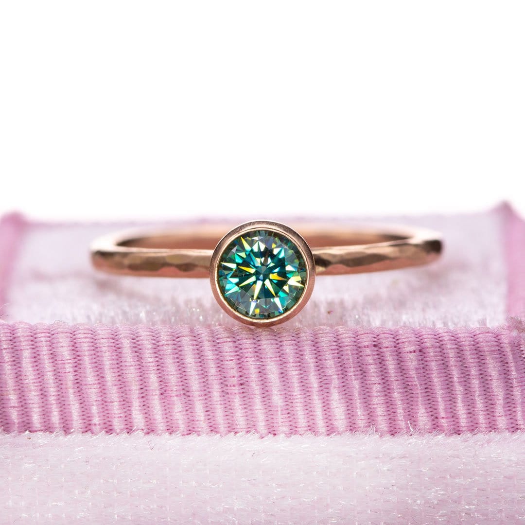 Round Teal Moissanite Martini Bezel Skinny Hammer Textured Stacking Solitaire Ring Ring by Nodeform