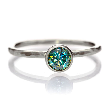 Round Teal Moissanite Martini Bezel Skinny Hammer Textured Stacking Solitaire Ring 14k White Gold / 5mm/ 0.45ct Teal Moissanite Ring by Nodeform
